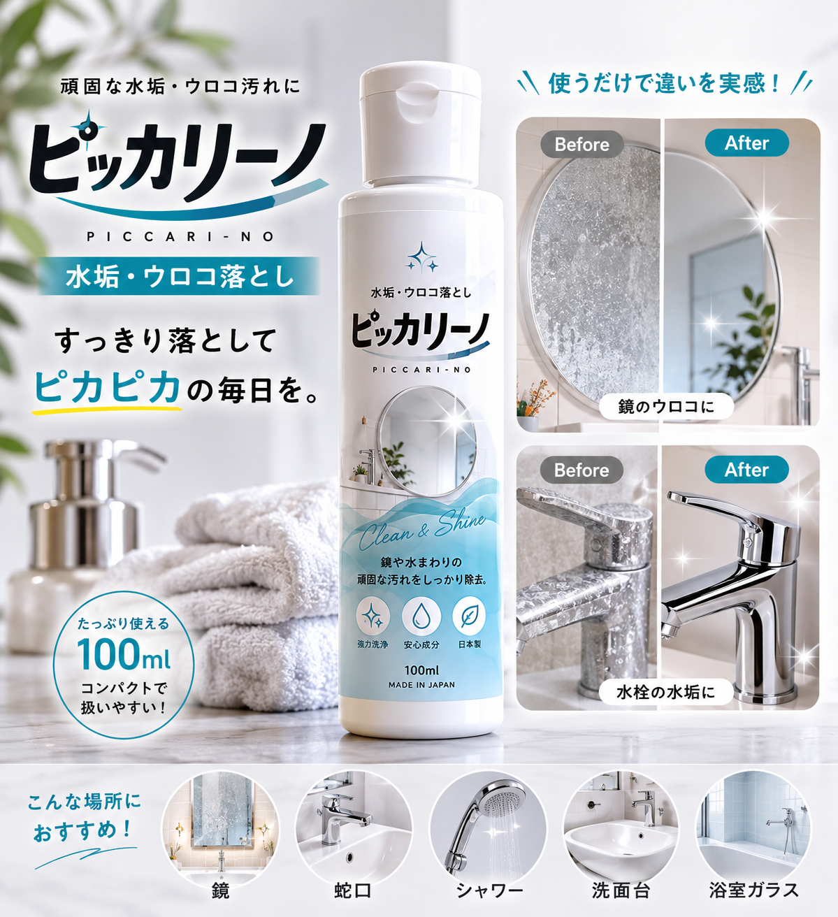 ピッカリーノの水垢ウロコ落とし（鏡・蛇口・洗面台・お風呂用）